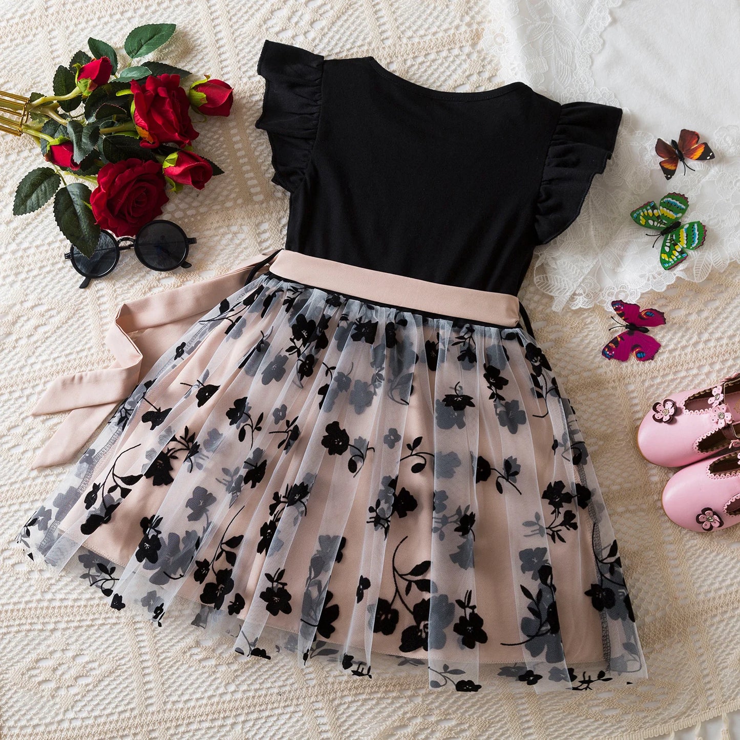 Black Rose Flower Ruffles Elegant Princess Dress