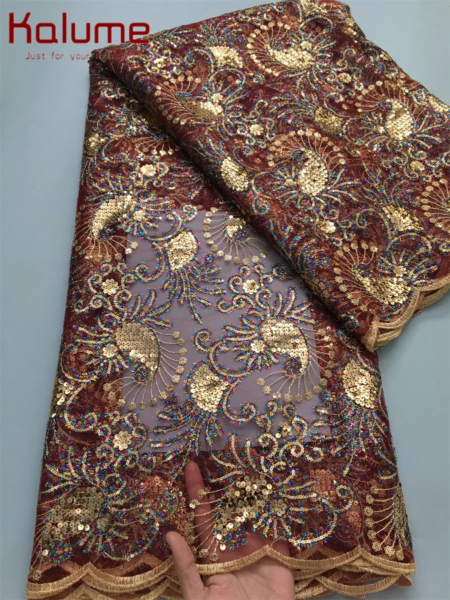 Kalume 2025 African Lace Fabric Sequins Nigerian Mesh Lace Fabric Sequins 5 Yards High Quality For Party Wedding Dress F3811