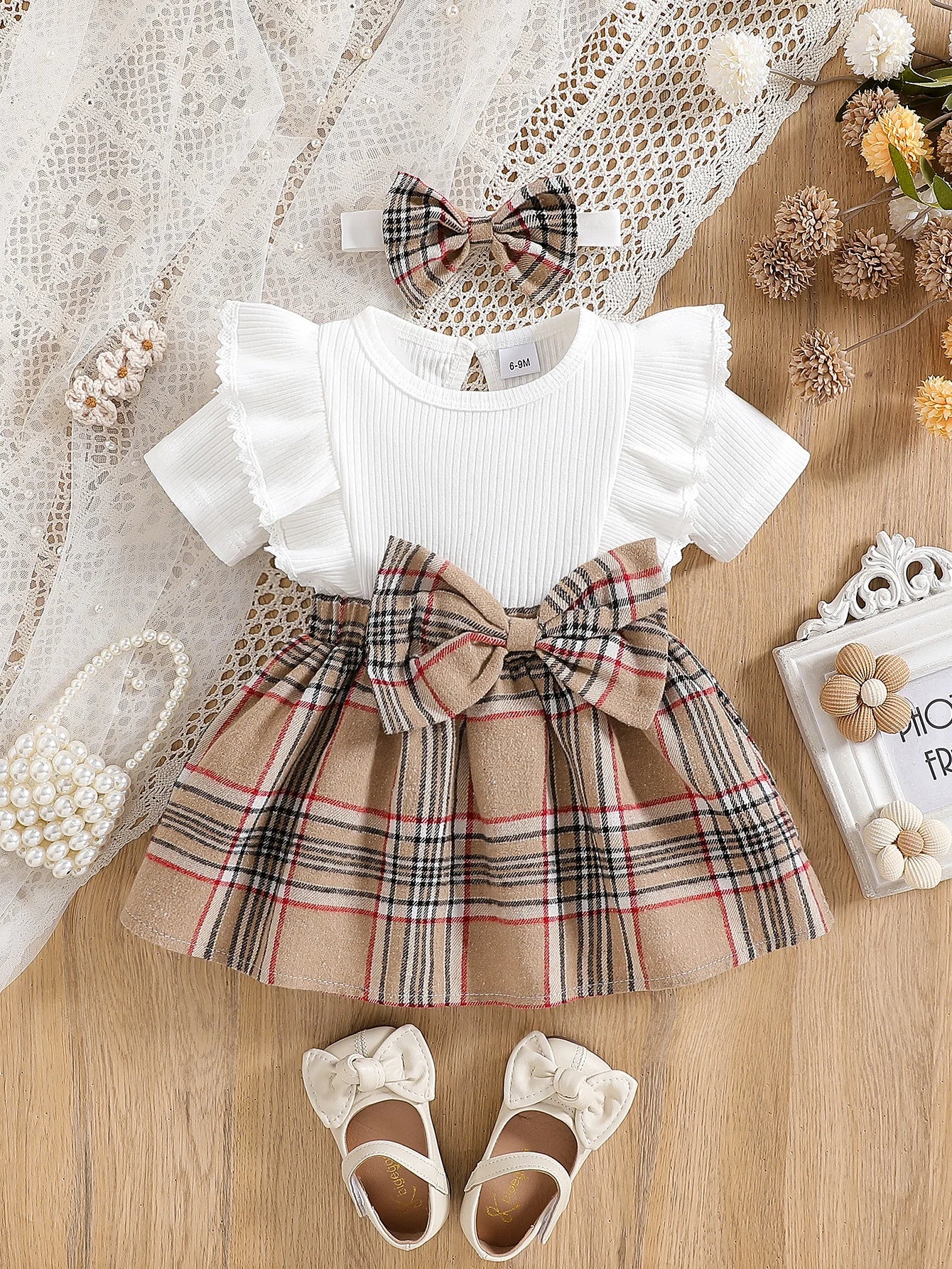 Cute Ruffle Lace Decoration Bow Plaid Design