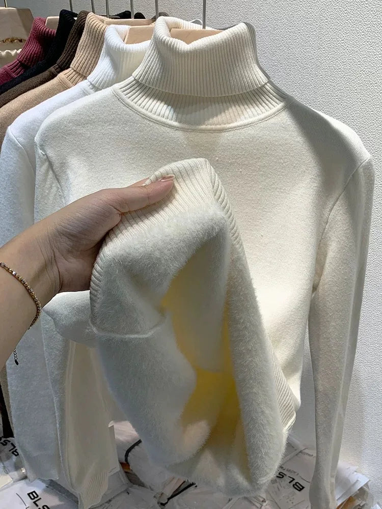 Women Elegant Thicken Velvet Lined Warm Knitted Top