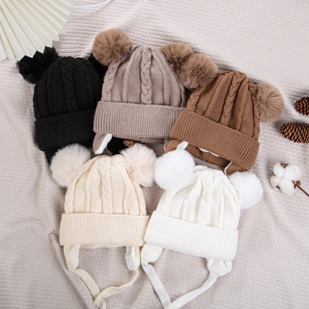 Cute Bear Earpuff Textured Knit Hat