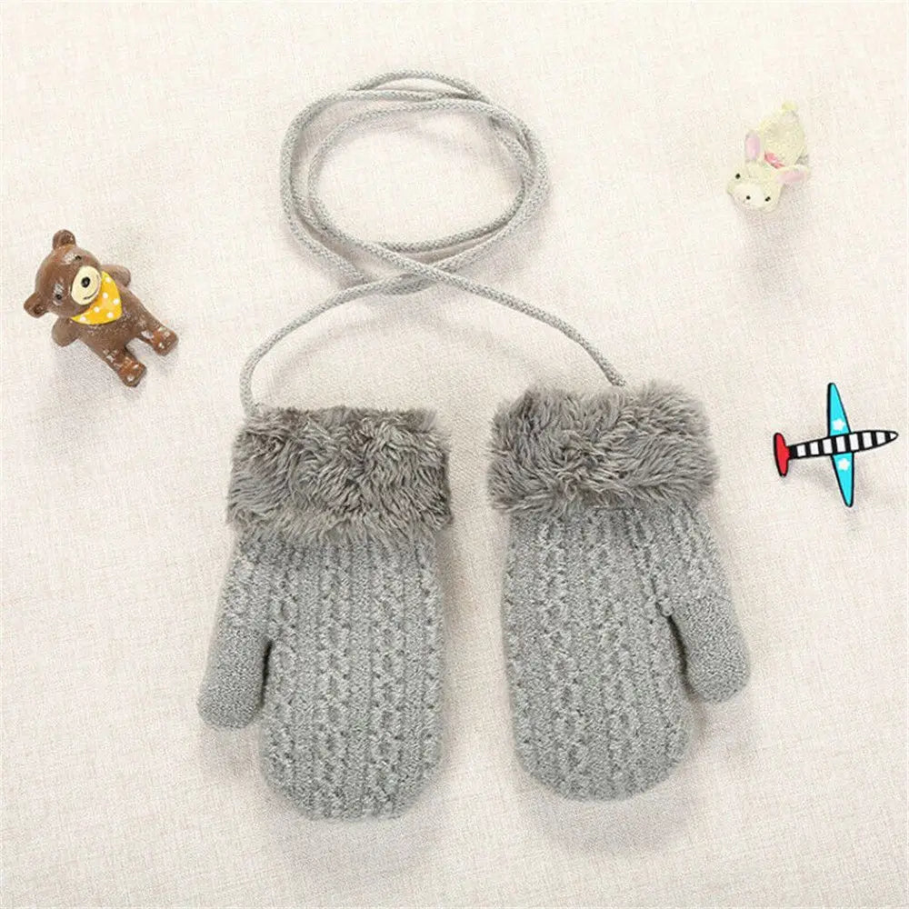 Warm Knitted Mittens with Neck String