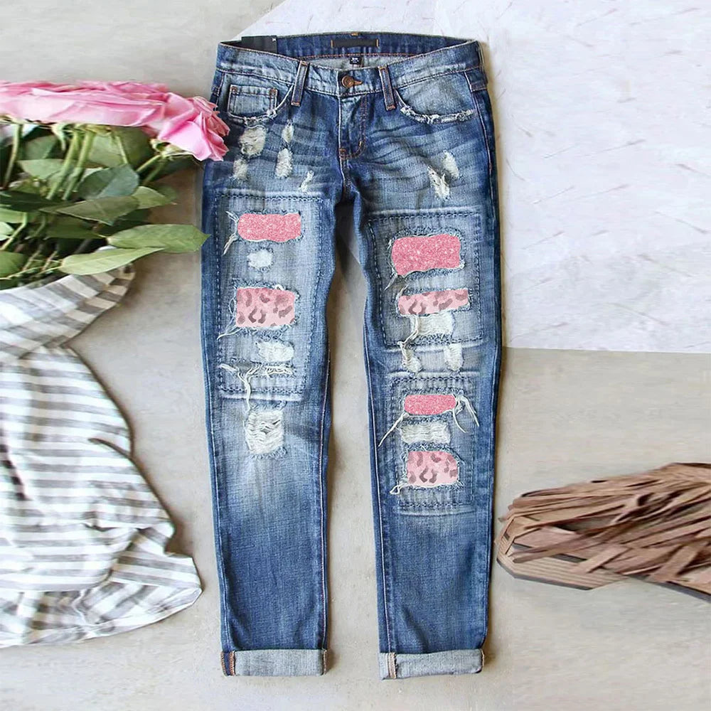 Women Cargo Fashion Ripped Plaid Patch Denim Pant