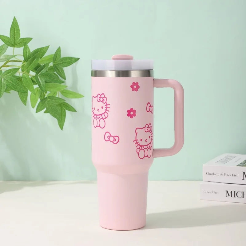 40oz Sanrio Hello Kitty Stainless Steel Insulated Mug With Handle Straw Mugs Large Capacity Thermos Drinks Coke Cups Coffee Mug