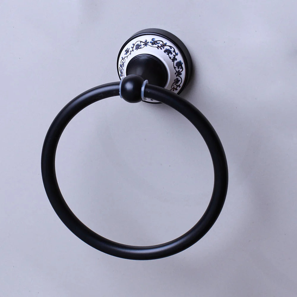 JIENI Wall Mounted Matte Black Washroom Bathroom Accessories Towel Ring Rack Paper Holder Toilet Brush Holder Frosted Glass Cup