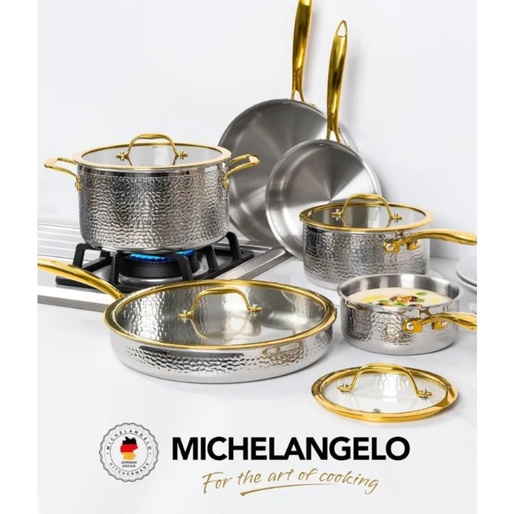 MICHELANGELO Hammered Stainless Steel Pot Set with Gold Handle Cookware Set, Premium Induction Kitchen Cookware, Oven Safe
