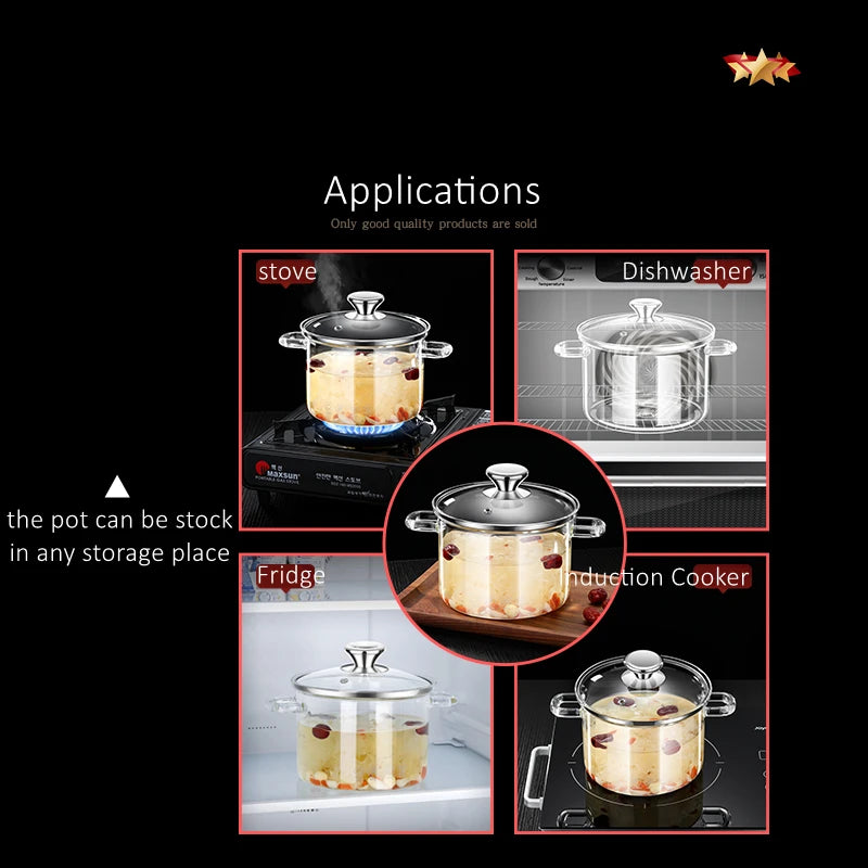 GEDO Transparent Glass Stewing Pot 1300ml and 1800ml Capacity Stockpot with Side Handle and Cover Luxury Kitchen Cookware