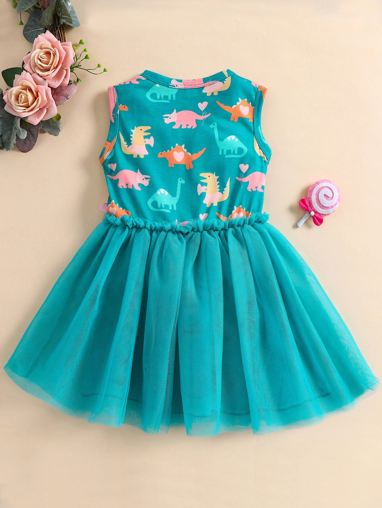 Princess Dinosaur Print Mesh Dress For Kids