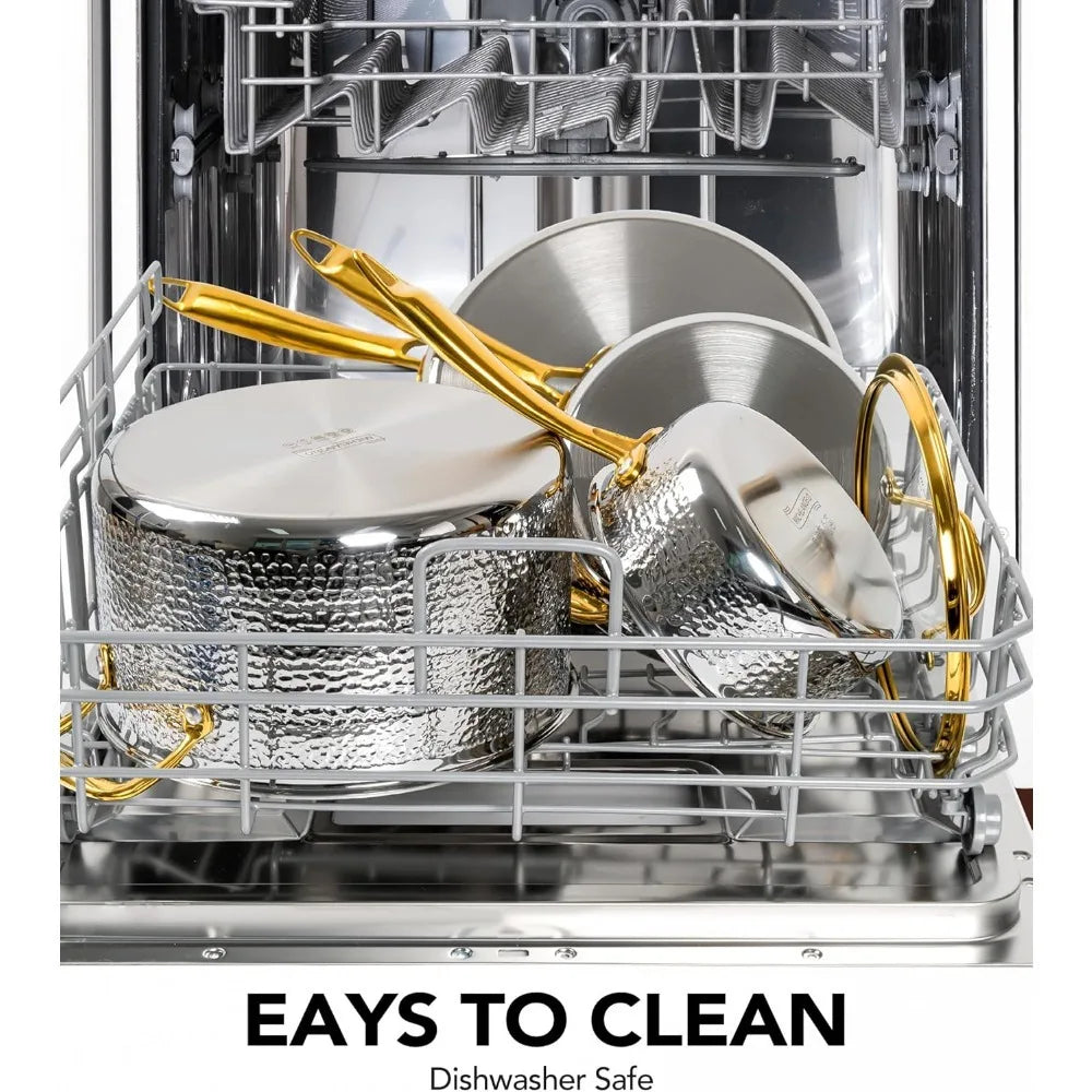 MICHELANGELO Hammered Stainless Steel Pot Set with Gold Handle Cookware Set, Premium Induction Kitchen Cookware, Oven Safe