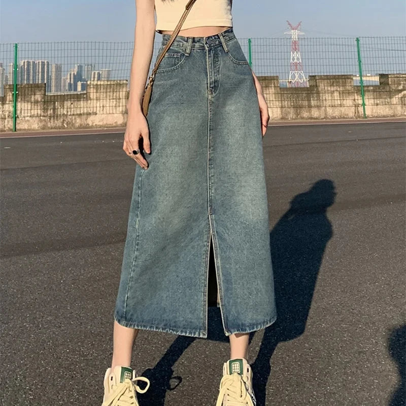 New Slit Denim Hip-covering Straight Long Skirt