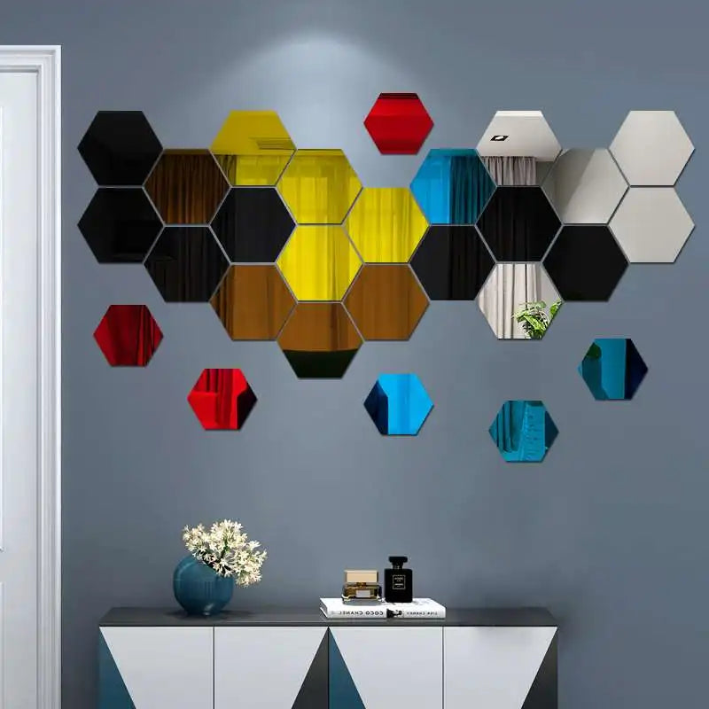 6/12 pcs 3-D Hexagon Mirror Wall Sticker
