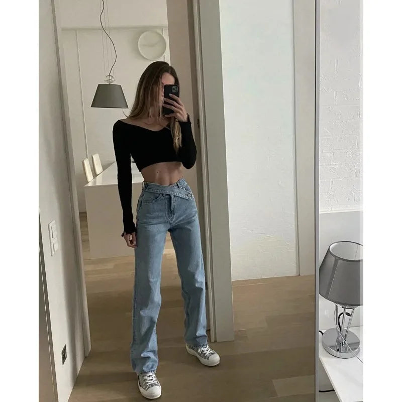 Women's Straight Floor Oblique Belt Denim Pants