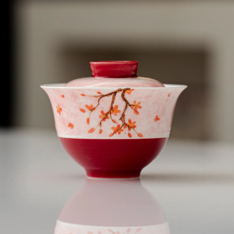 Red plum blossom hand-painted cover bowl Household brewing tea bowl Kung Fu tea set Guochao ceramic thin tire cover bowl