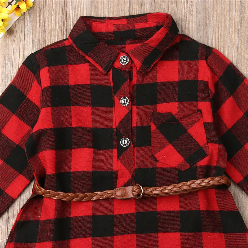 Plaid Christmas T-Shirt Kids Blouse Dress + Twist Belt