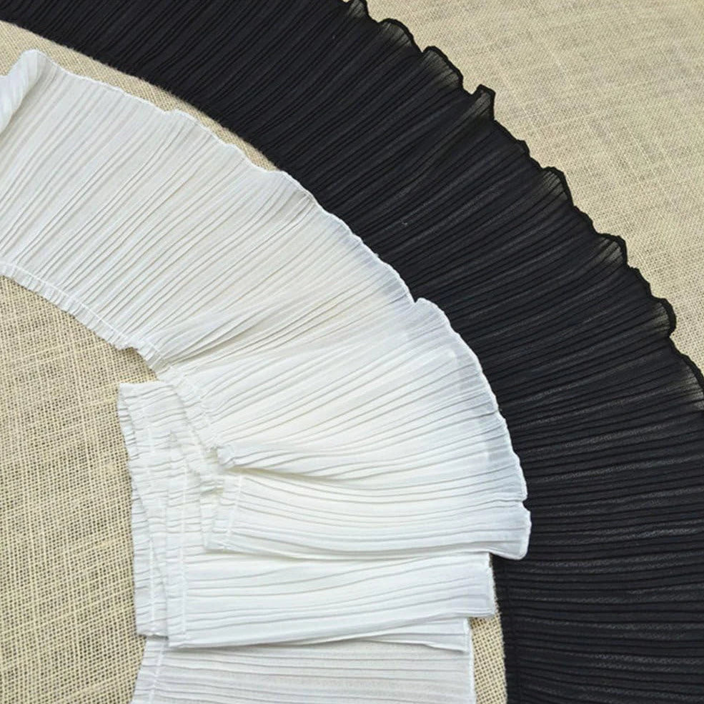 1 Yard Black and White Pleated Chiffon Fabric With Lace Edging Suitable For Clothing Extension And Craft Sewing17CM Wide