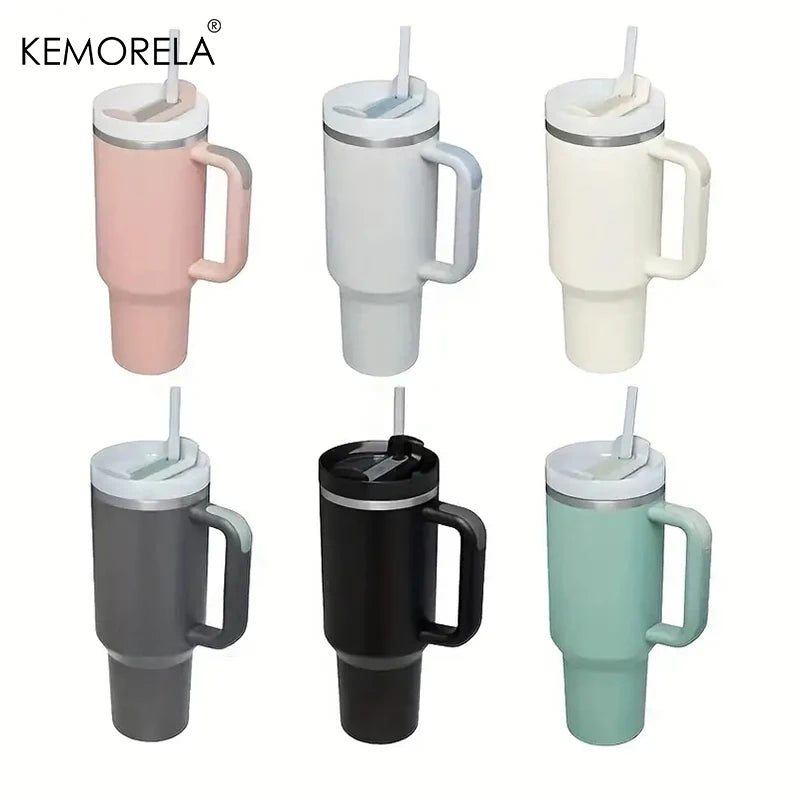 KEMORELA Tumbler With Handle Lid Straw Stainless Steel Water Bottle 887/1182ML Vacuum Thermos Cup Travel Car Coffee Mug
