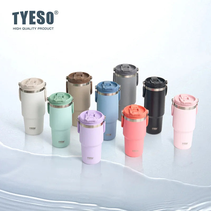 Tyeso Large-Capacity Thermoses Handle Vacuum Cup Dual-Drink Coffee Mug Stainless Steel Ice Cup Car Bottle Hot Cold Retention