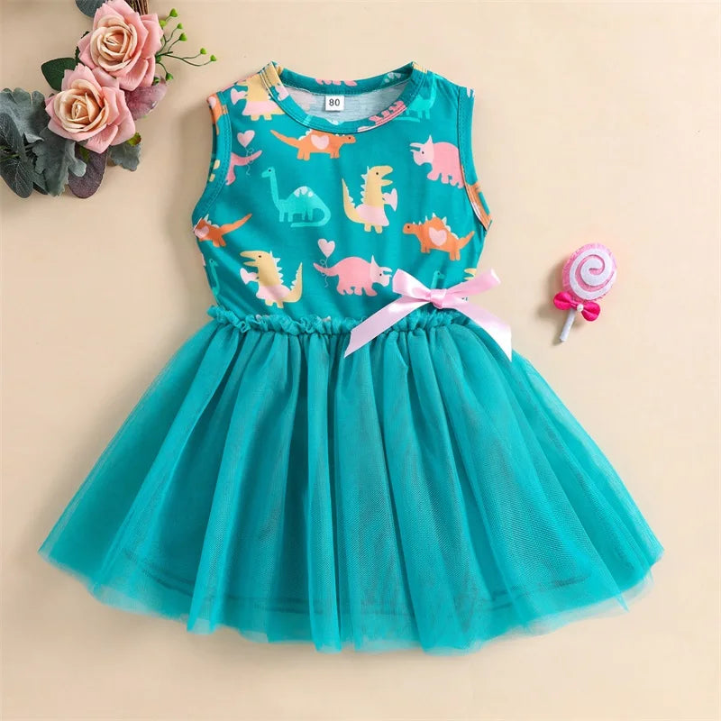 Casual Dinosaur Print Gauze Princess Dresses