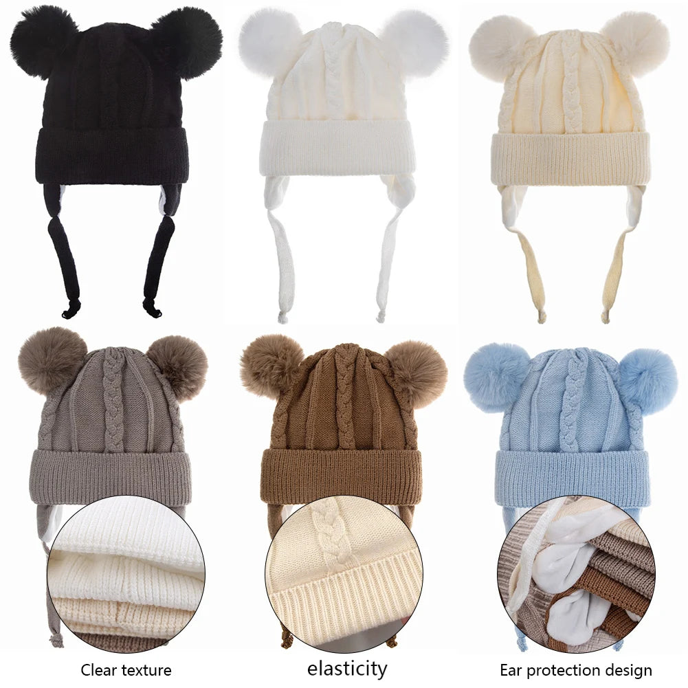 Cute Bear Ear puff Textured Knit Hats
