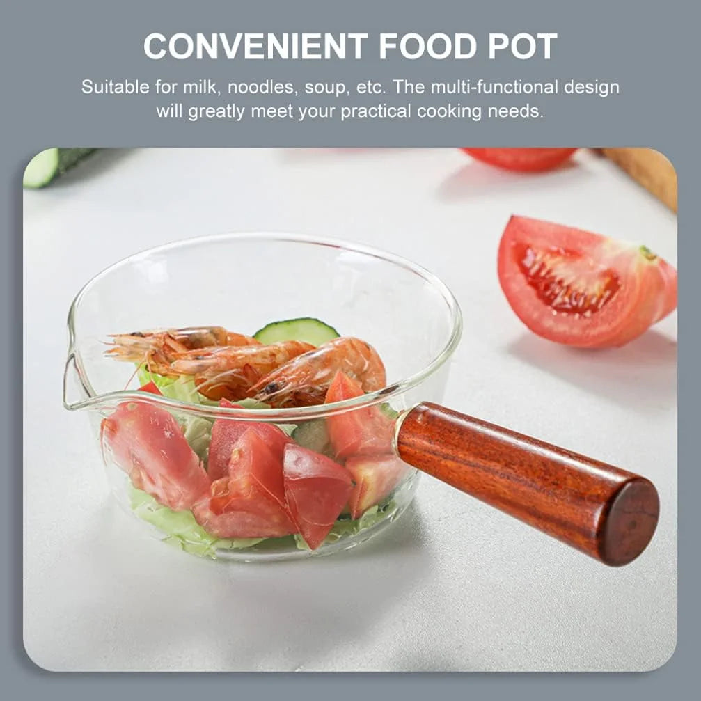 400/600ML Glass Cooking Pot Soup Milk Pot With Wooden Handle Glass Cooking Pot Instant Noodle Pot Glass Cookware Kitchen
