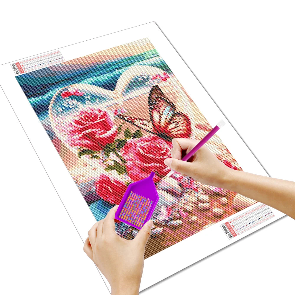 Butterfly Diamond Mosaic Rose Full Round Diamond Painting Seaside Heart Handicrafts 30x40cm