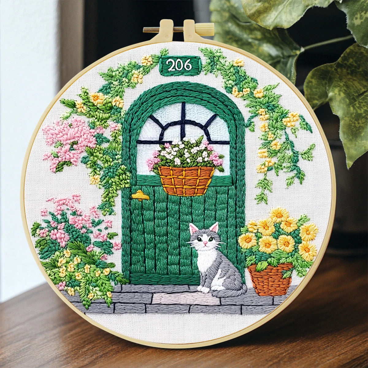Front Door Cat Embroidery Starter Kit DIY Cross Stitch Set for Beginner Printed Sewing Art Handcraft Home Decor Needle Art