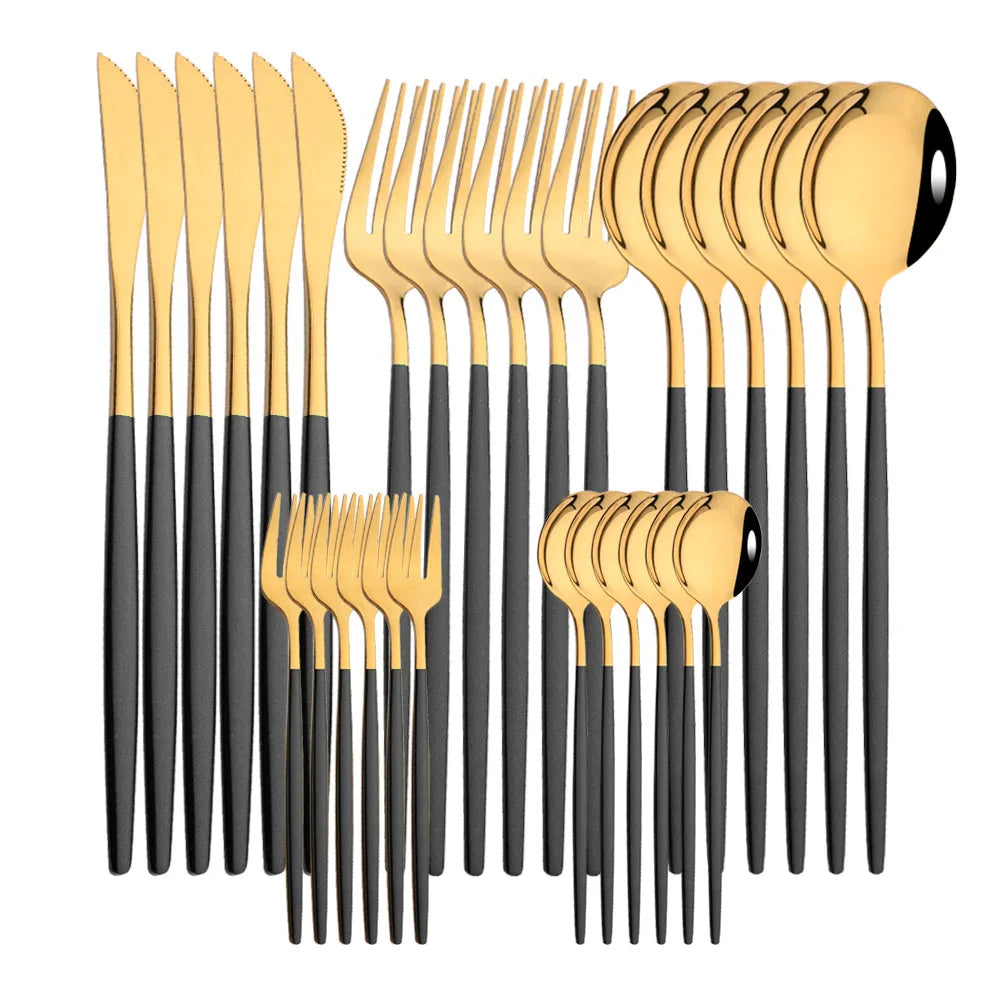 30Pcs/Set Stainless Steel Dinner Black Gold Dinnerware Set Knife Fruit Fork Spoon Cutlery Set Kitchen Tableware Silverware Sets