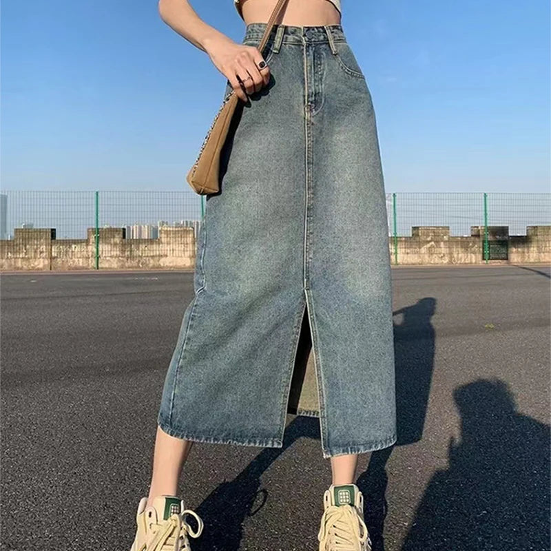 New Slit Denim Hip-covering Straight Long Skirt
