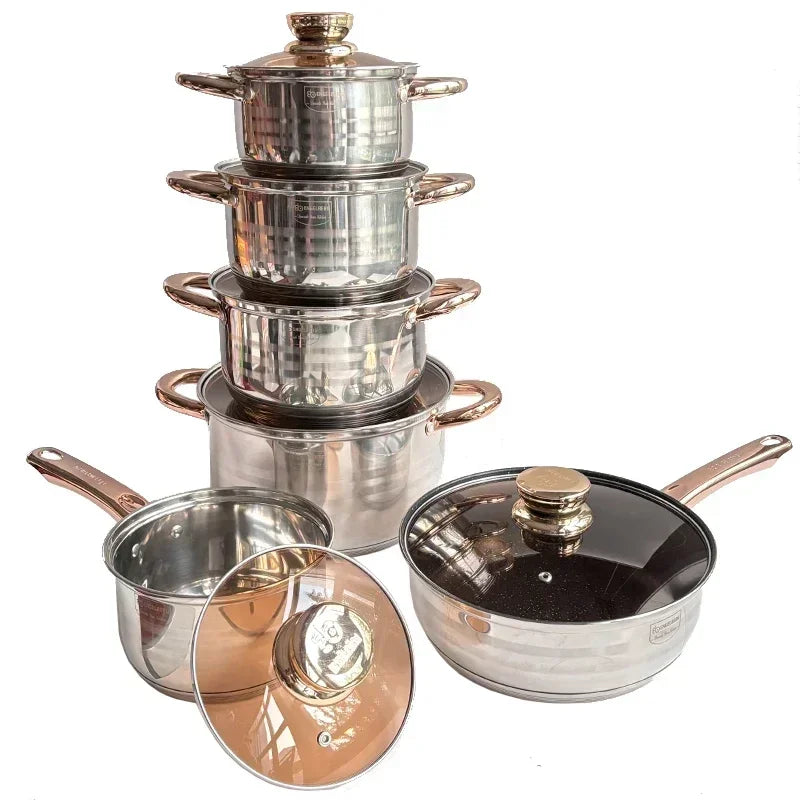 German Style Stainless Steel Cookware set 12pcs cooking pots sandwich bottom kitchen Soup Pot Milk Pots and pans