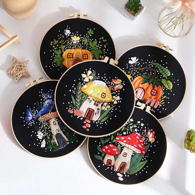 Mushroom Embroidery Kit for Beginners Pumpkin Cross Stitch Set DIY Adult Hand Needlepoint Set with Mushroom Pattern Needles