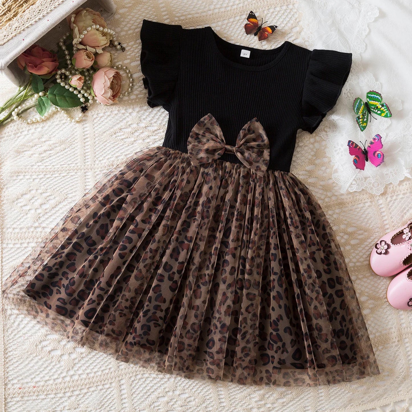 Black Rose Flower Ruffles Elegant Princess Dress