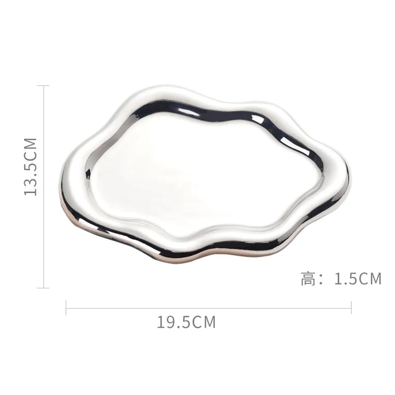 Creative Simple White/silver Ceramic Plate Household High-value Dessert Plate Jewelry Storage Plate Cloud Plate
