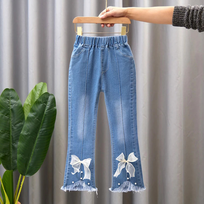 Elastic Leisure Bow Denim Children Flared Pants