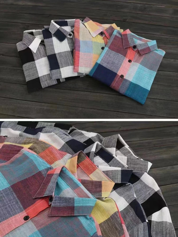 Women's Plaid Cotton Shirt Chic Women Elegant Blouse