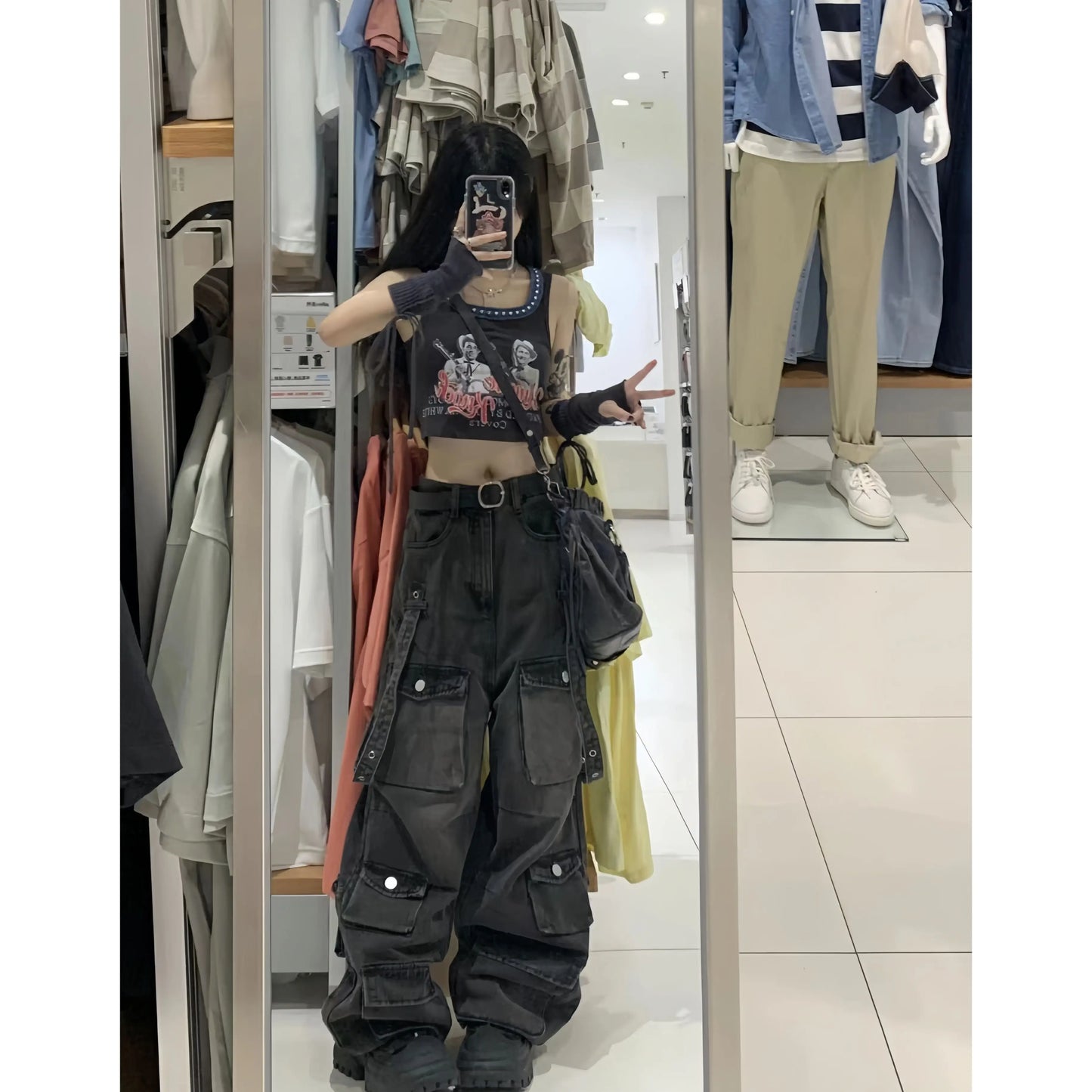 Work wear straight leg multi pocket mop pants for women