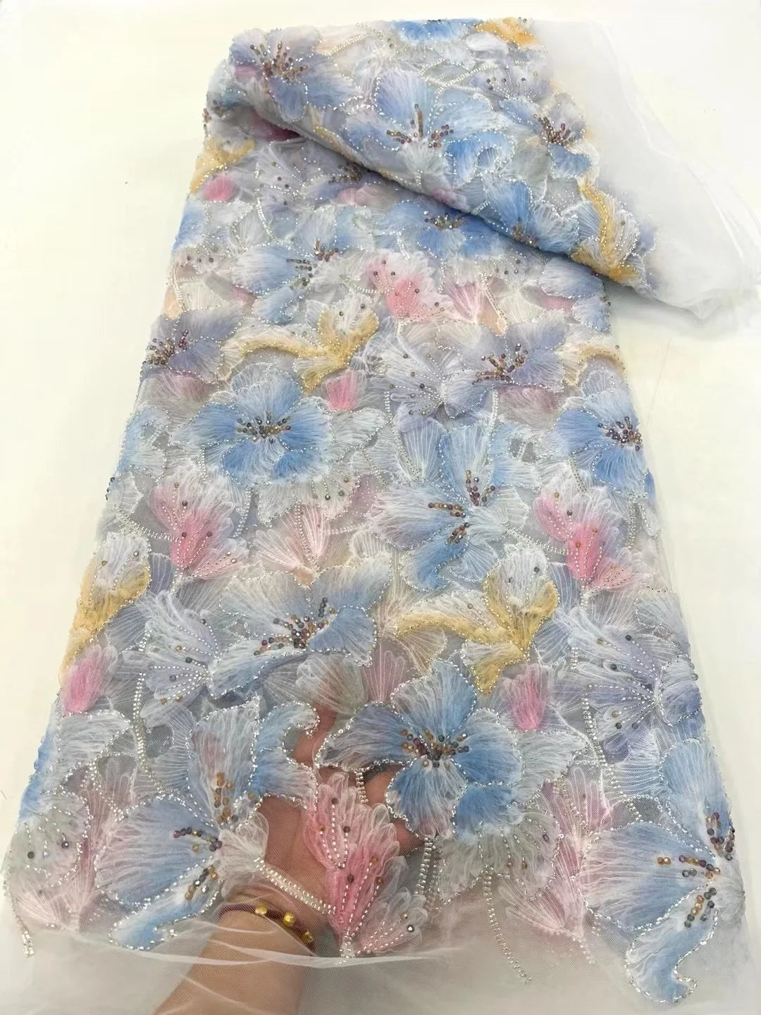 Latest 3D Flower Embroidery Beads Sequins African Lace Fabric 5 yards High Quality Nigerian Women Wedding French Material 2025