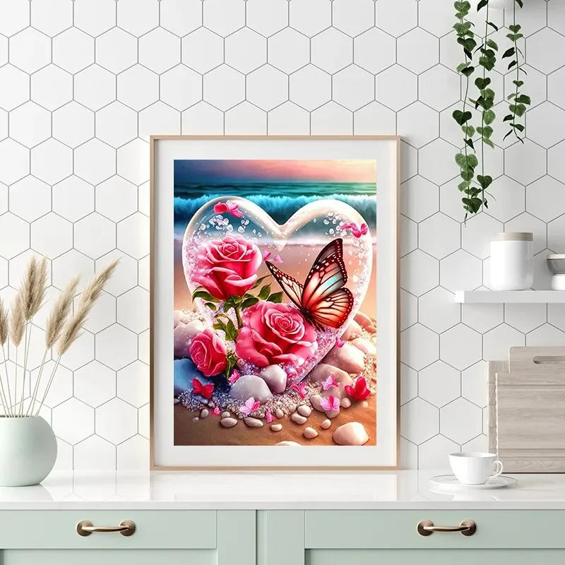 Butterfly Diamond Mosaic Rose Full Round Diamond Painting Seaside Heart Handicrafts 30x40cm