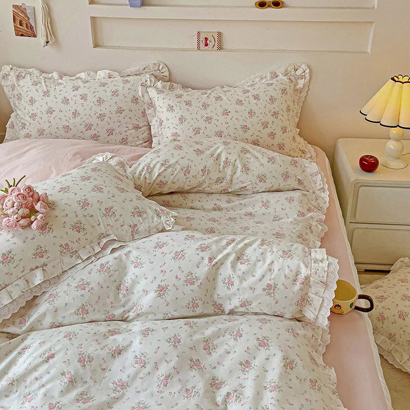 Pastoral Floral Lace Ruffles Bedding Set
