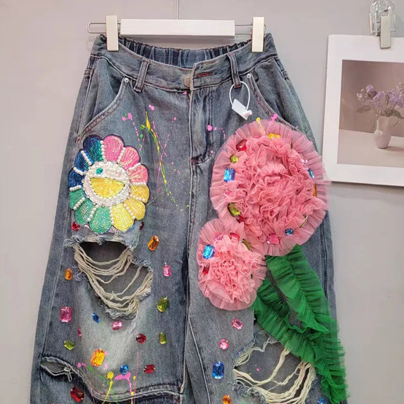 Female Nail Bead Women 3D Flower Denim Pants