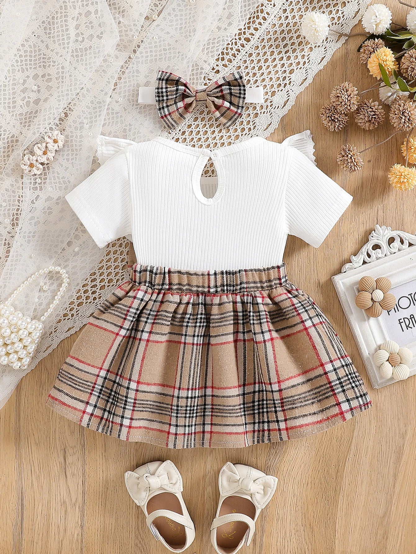 Cute Ruffle Lace Decoration Bow Plaid Design