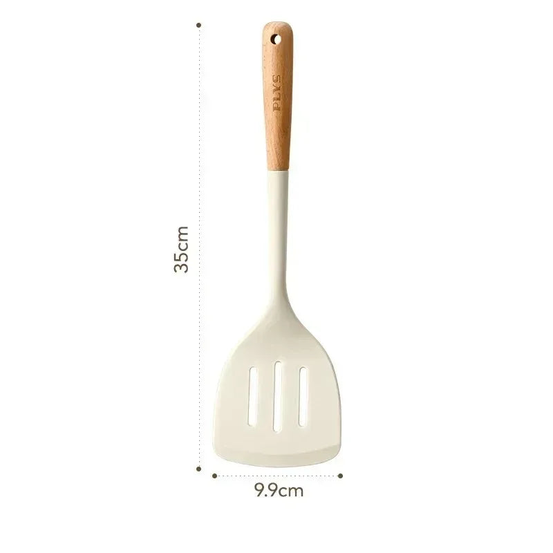 Silicone kitchenware set, durable hardwood handle, heat resistant tools, non-stick pan long handle porridge spoon Sieve Spatula