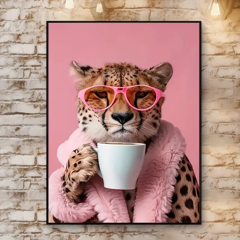 Charming Cheetah Drink Coffee Canvas Art Print,Frameless Poster, Perfect for Animal Lovers, Wall Decor for Home, Office, Cafe