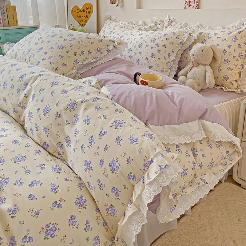 Pastoral Floral Lace Ruffles Bedding Set