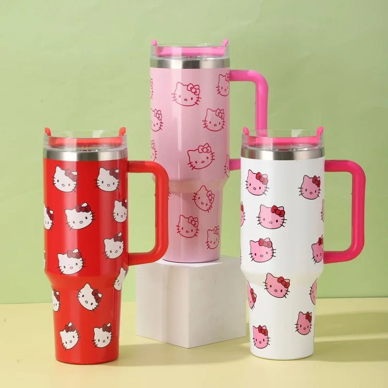 40oz Sanrio Hello Kitty Stainless Steel Insulated Mug With Handle Straw Mugs Large Capacity Thermos Drinks Coke Cups Coffee Mug
