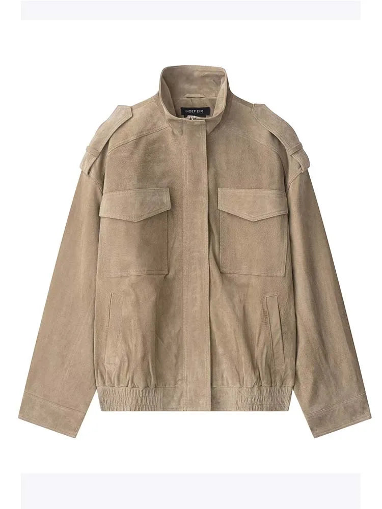 Women Suede Zipper Loose Coat