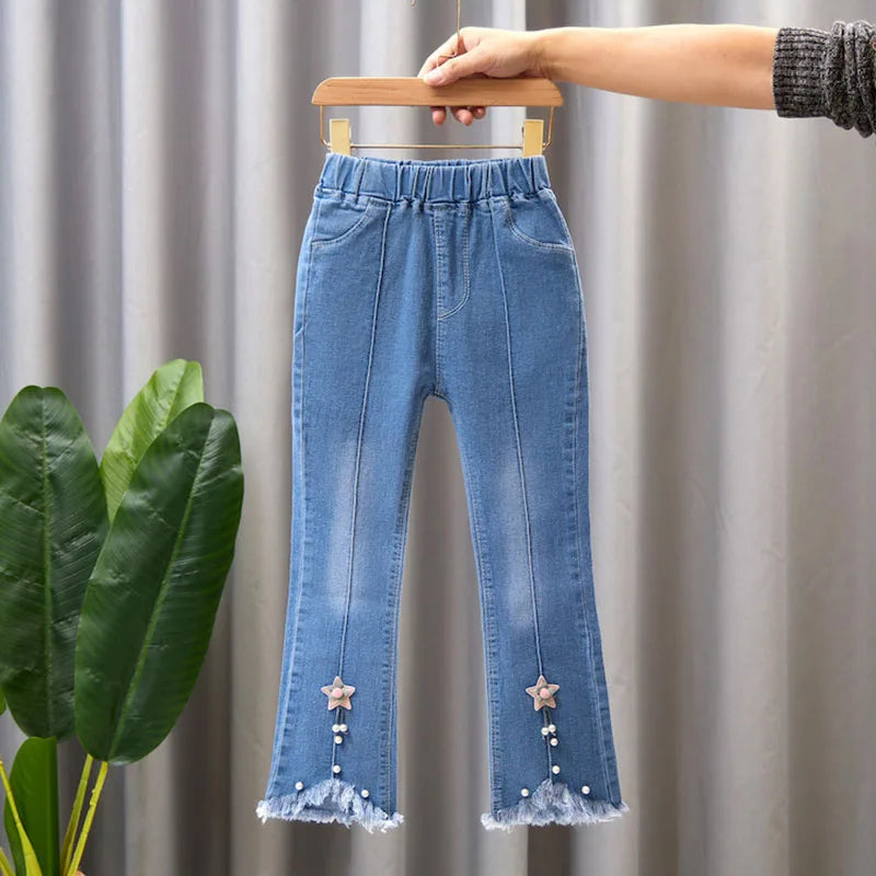 Elastic Leisure Bow Denim Children Flared Pants