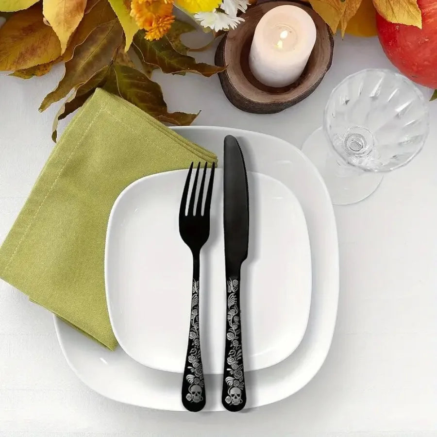 16Pcs Stainless Steel Tableware Set with Skull and Rose Pattern Silverware, Mirror Polished, with Spoon, Fork and Knife, Suitable for Dark Rock Enthusiasts, Suitable for Halloween, Day of the Day, May 5Th Day, Birthday.