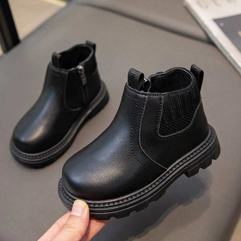 Leather Side Zipper Retro Children's Fashion Boots