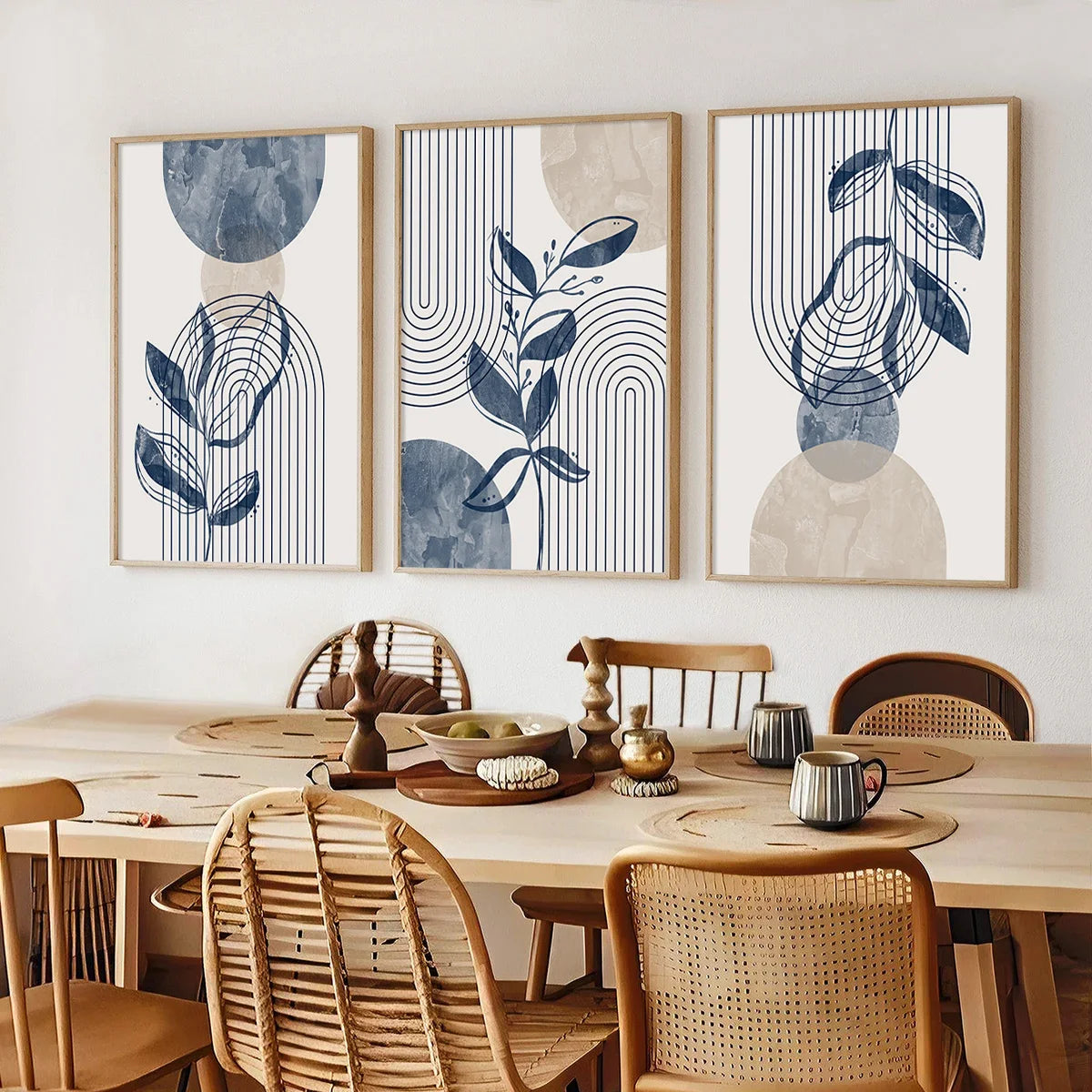 Set of 3 Bohemian Navy Blue Beige Abstract Geometric Lines Plant Wall Art Prints, Bohemian Plant Geometric Print Posters, Medieval Prints, Ideal Gifts for Bedroom and Living Room Corridors, Wall Art, Wall Decoration, Room Dec