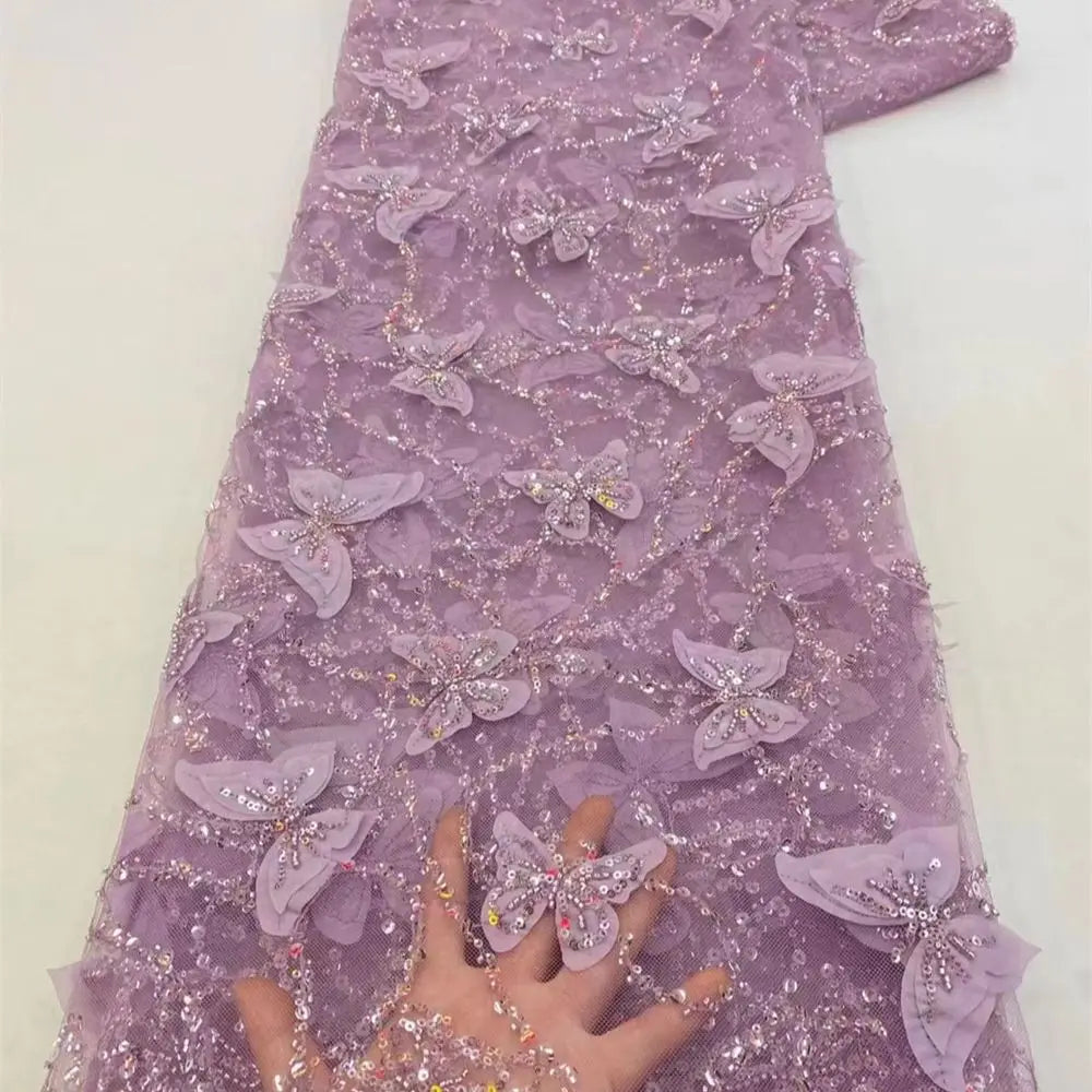 African Heavy Beaded Lace Fabric 2025 High Quality 5 Yards Nigerian Sequins Tulle 3D Fabric Material For Wedding